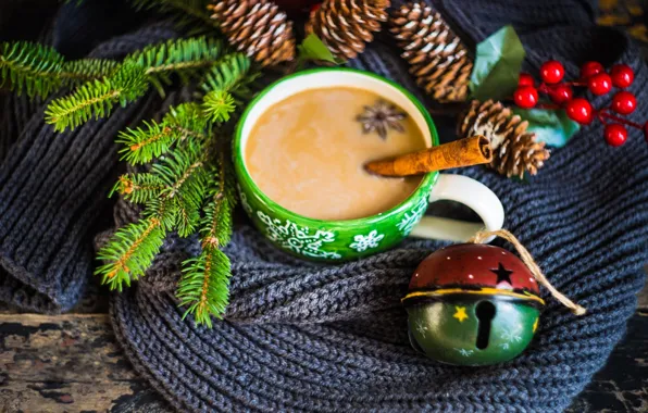 Picture winter, branches, berries, holiday, Board, new year, Christmas, spruce, scarf, mug, drink, bumps, bell