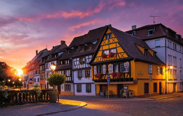 Picture dawn, street, cafe, France, Colmar