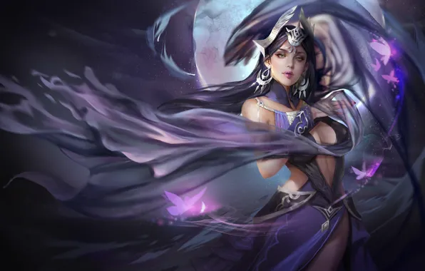 Picture girl, night, magic, the moon, warrior, art, fantasy, butterfly, wang yue, 2017.6