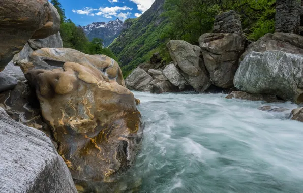 Picture mountains, river, stones, stream, Switzerland