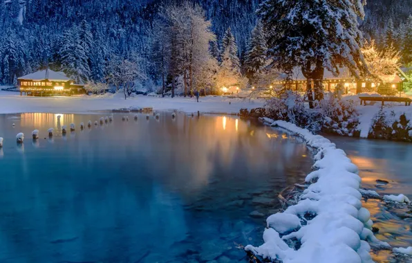 Picture winter, snow, trees, lake, home, the evening, ate, lighting, Alps, Italy, forest