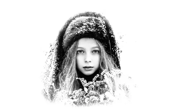 Picture snow, hat, girl, BW portrait, Polina Karpenko, Sergey Piltnik (Pilnik)