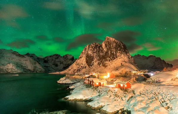 Picture stars, night, Northern lights, Norway, settlement, The Lofoten Islands
