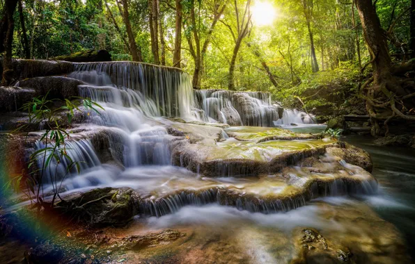 Picture forest, landscape, waterfall, The sun, Nature, Thailand