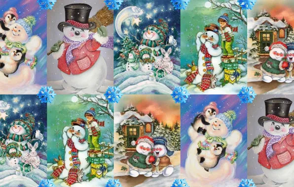Picture winter, mood, holiday, art, New year, snowman, snowflake, children's