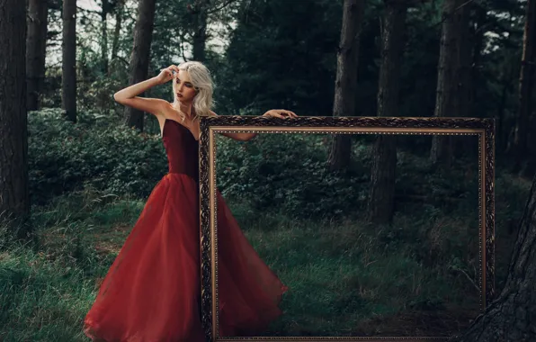 Picture forest, girl, mood, frame, red dress