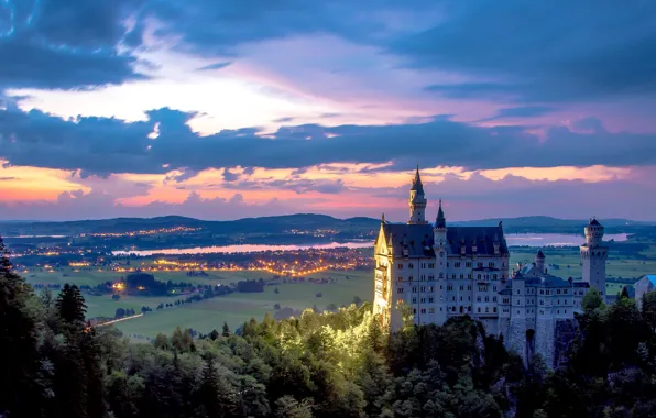 Picture sunset, castle, Germany, valley, Bayern, panorama, Germany, Bavaria, Neuschwanstein Castle, Neuschwanstein Castle, Schwangau, Schwangau