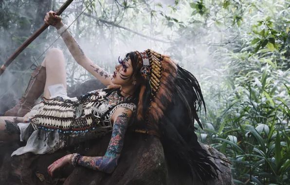 Picture forest, girl, trees, face, style, feathers, profile, decoration, headdress