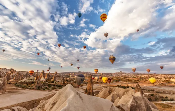 Picture the sky, clouds, mountains, balloon, rocks, Turkey, Cappadocia