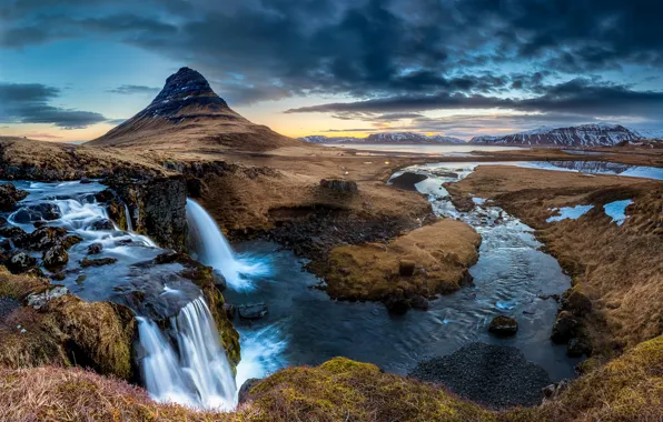 Picture river, mountain, waterfall, Iceland, Kirkjufell, the Peninsula, Kirkjufell, Snaefellsfnes
