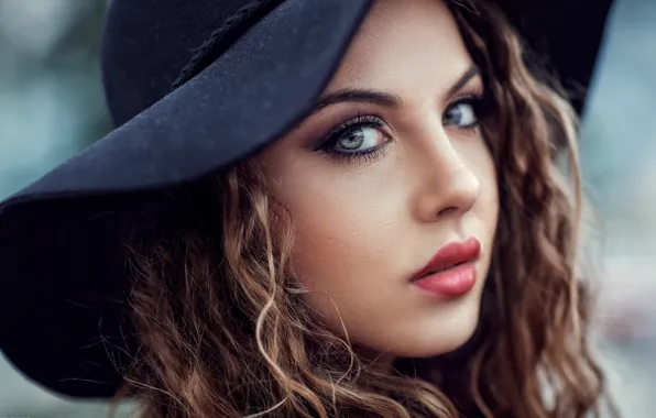 Picture look, girl, close-up, face, portrait, hat, makeup, hairstyle, brown hair, bokeh, Alessandro Di Cicco, Carmela