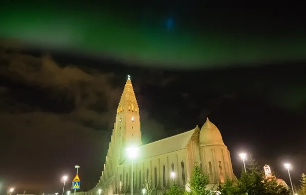 Picture night, lights, Northern lights, Church, Iceland, Reykjavik