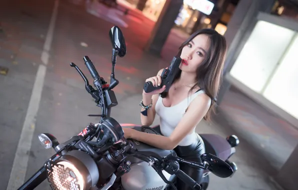 Picture girl, gun, motorcycle, Asian
