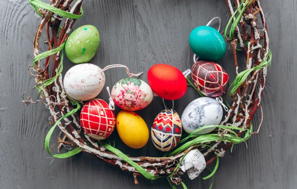 Picture branches, eggs, spring, colorful, Easter, wreath, wood, spring, Easter, eggs, decoration, Happy