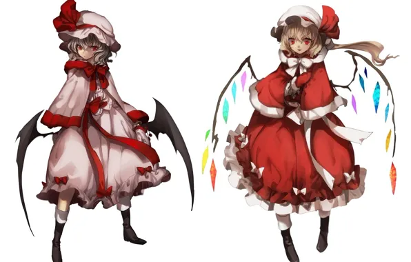 Picture wings, shoes, white background, bow, cap, sisters, touhou, art, ruffles, Touhou Project, Remilia Scarlet, balerinki, …