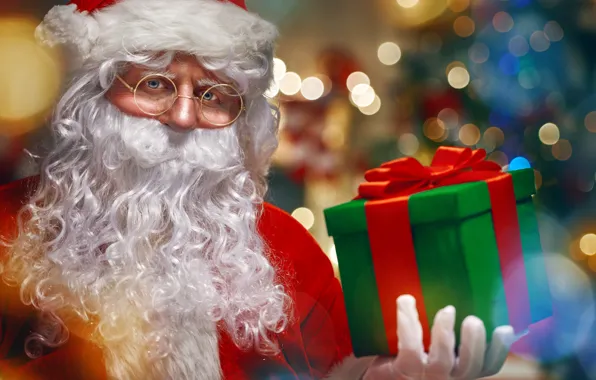 Picture close-up, glare, box, gift, hat, glasses, Christmas, New year, gloves, coat, beard, Santa Claus, bokeh, …