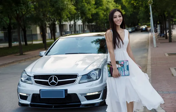 Picture look, smile, Girls, dress, Mercedes, Asian, beautiful girl, white car