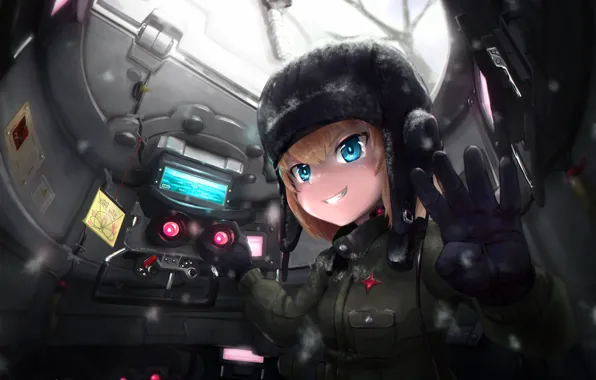 Picture girl, weapon, anime, pretty, tank, red star, japanese, gloves, bishojo, Girls and Panzer