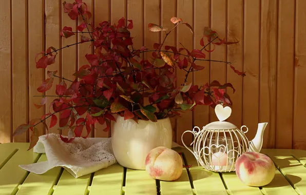 Picture autumn, leaves, fruit, still life, peaches, Euonymus