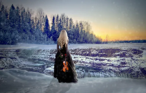 Picture girl, snow, violin, rose, dress, Winter Solstice
