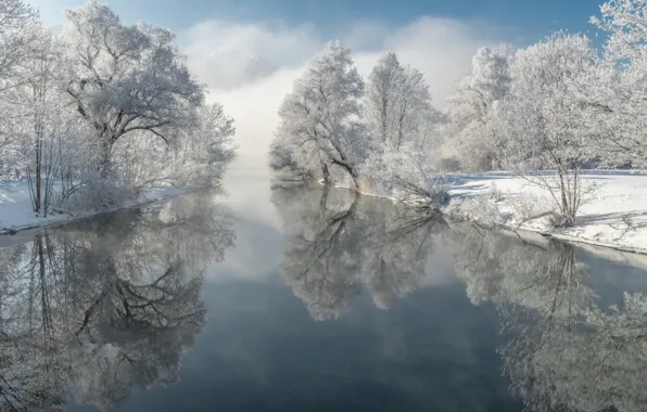 Picture winter, frost, trees, reflection, river, Germany, Bayern, Germany, Bavaria, Loisach River, The River Loisach