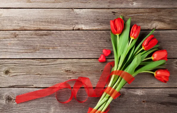 Picture love, flowers, gift, bouquet, hearts, tulips, red, love, wood, flowers, romantic, hearts, tulips, Valentine's Day, …