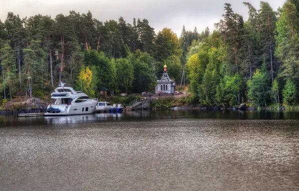Picture forest, lake, yacht, Church, Russia, Ladoga
