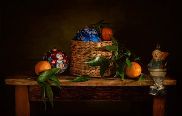 Picture leaves, holiday, balls, basket, toys, new year, table, tangerines