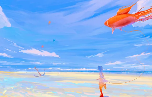 Picture sea, fish, girl, balloons
