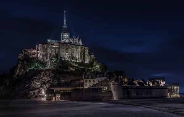 Picture night, lights, castle, France, the monastery, Normandy, Mont-Saint-Michel