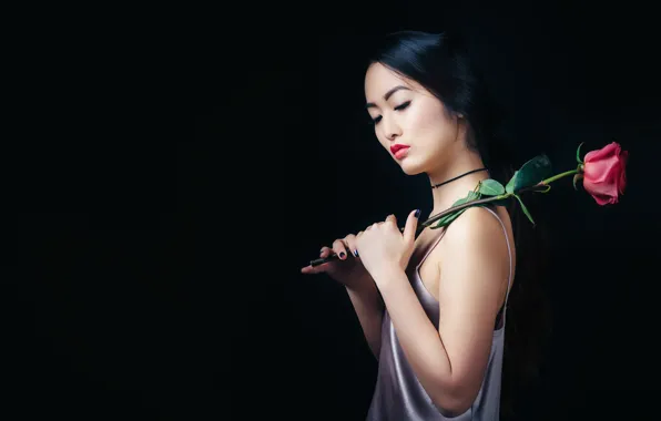 Picture rose, portrait, makeup, profile, Oriental beauty, Anna Kim