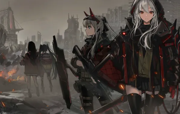 Picture night, weapons, girls, art, ruins, Girls Frontline, Girls front