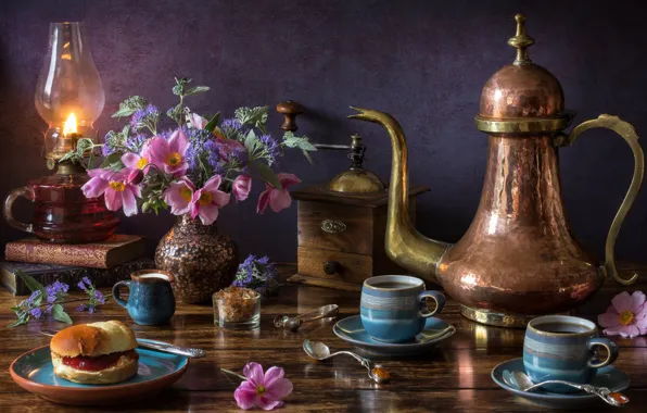 Picture flowers, lamp, coffee, Cup, still life, bun, anemones, coffee grinder, coffee pot
