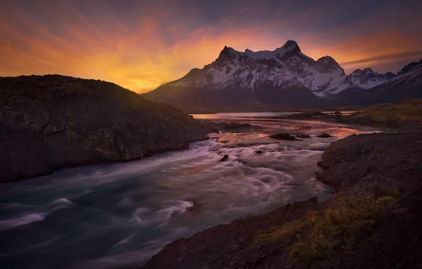 Picture sunset, mountains, river, Chile, Chile, Patagonia, Patagonia, Paine River, River Pine