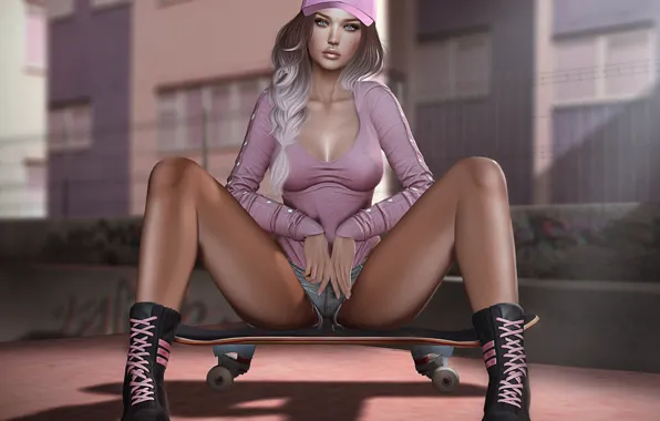 Picture girl, face, style, cap, legs, sitting, skate