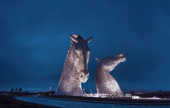Picture road, night, horse, Scotland, statue, The Kelpies, Falkirk