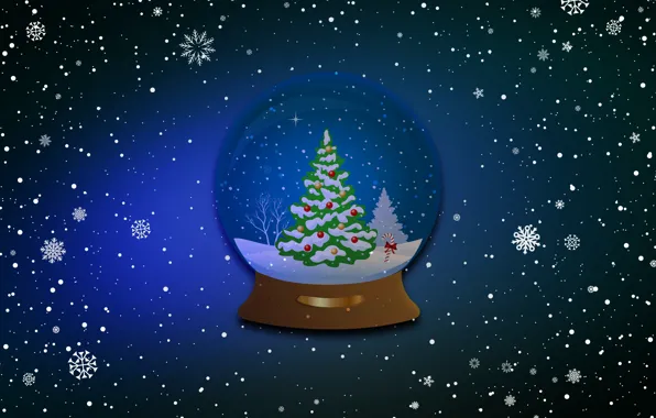 Picture Winter, Minimalism, Blue, Snow, New Year, Christmas, Ball, Background, Tree, Holiday, Mood, Tree, Glass globe