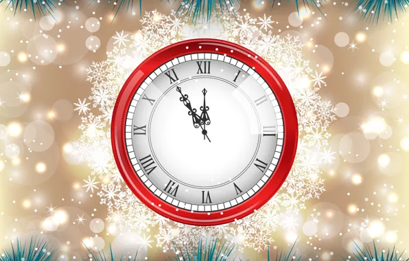 Picture snowflakes, glare, holiday, watch, vector, New year, tinsel, midnight