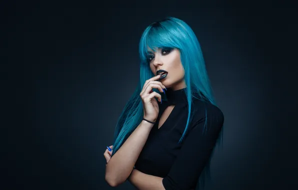 Picture gothic, look, makeup, blue hair, Nails painted