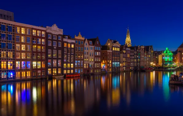 Picture building, home, Amsterdam, channel, Netherlands, night city, Amsterdam, Netherlands, Damrak, Damrak