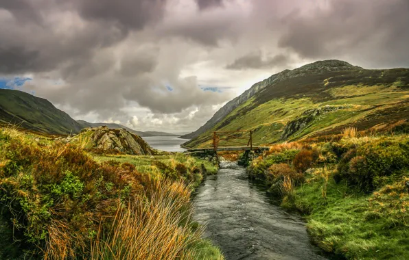 Picture clouds, mountains, nature, river, stream, the bridge, Wales, Snowdonia, Llyn Crawled