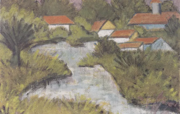 Picture river, home, the bushes, Expressionism, Otto Mueller, ca1929, Red Roofs -