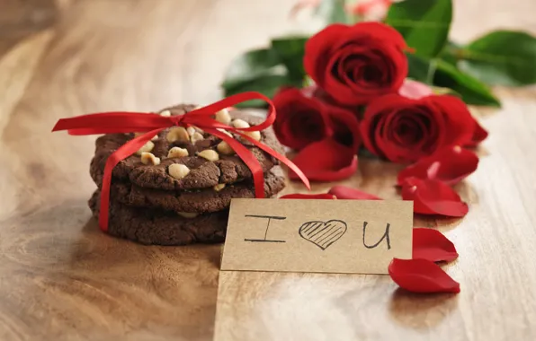 Picture bouquet, petals, cookies, red, romantic, Valentine's Day, gift, roses, red roses, I love You