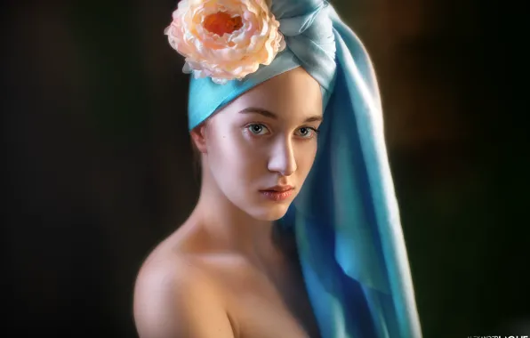 Picture flower, look, face, portrait, shoulder, black background, turban, Alexander Drobkov-Light, Victoria Rhine