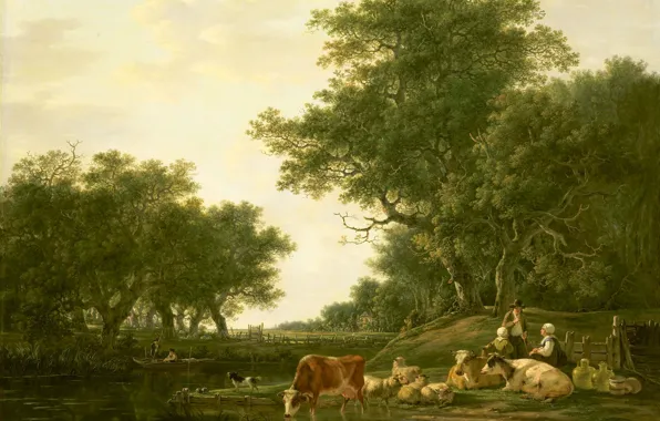 Picture tree, oil, picture, Jacob van stry, Landscape with Peasants, with Cattle and Fisherman on the …