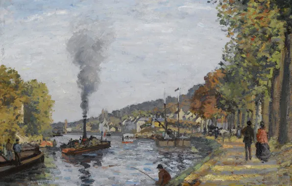 Picture river, smoke, ship, fisherman, steamer, Camille Pissarro, The Seine at Bougival, Camille Pissarro