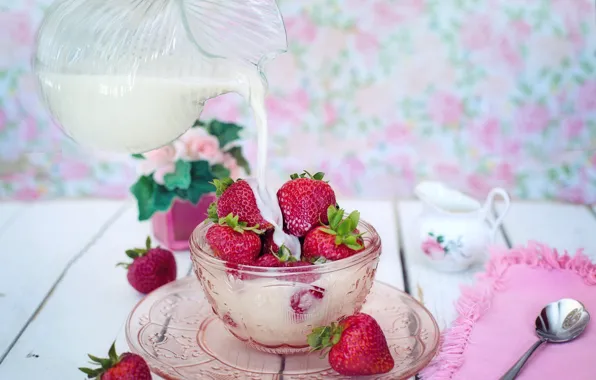 Picture berries, milk, Strawberry, Dessert