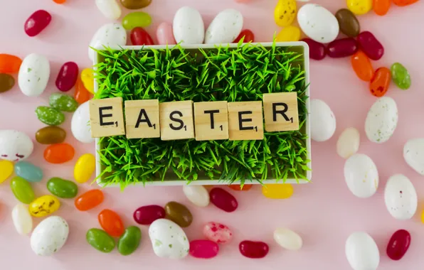 Picture grass, letters, eggs, candy, Easter, Holiday