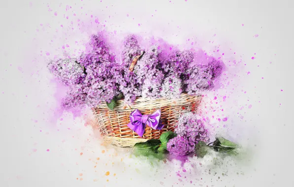 Picture bouquet, picture, watercolor, basket, lilac