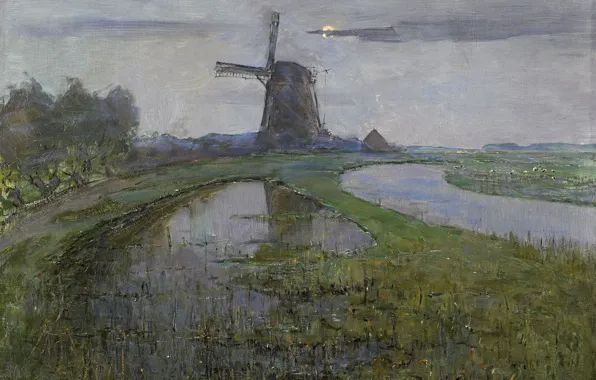 Picture landscape, oil, picture, canvas, Mill in the Moonlight, Pieter Cornelis Mondrian